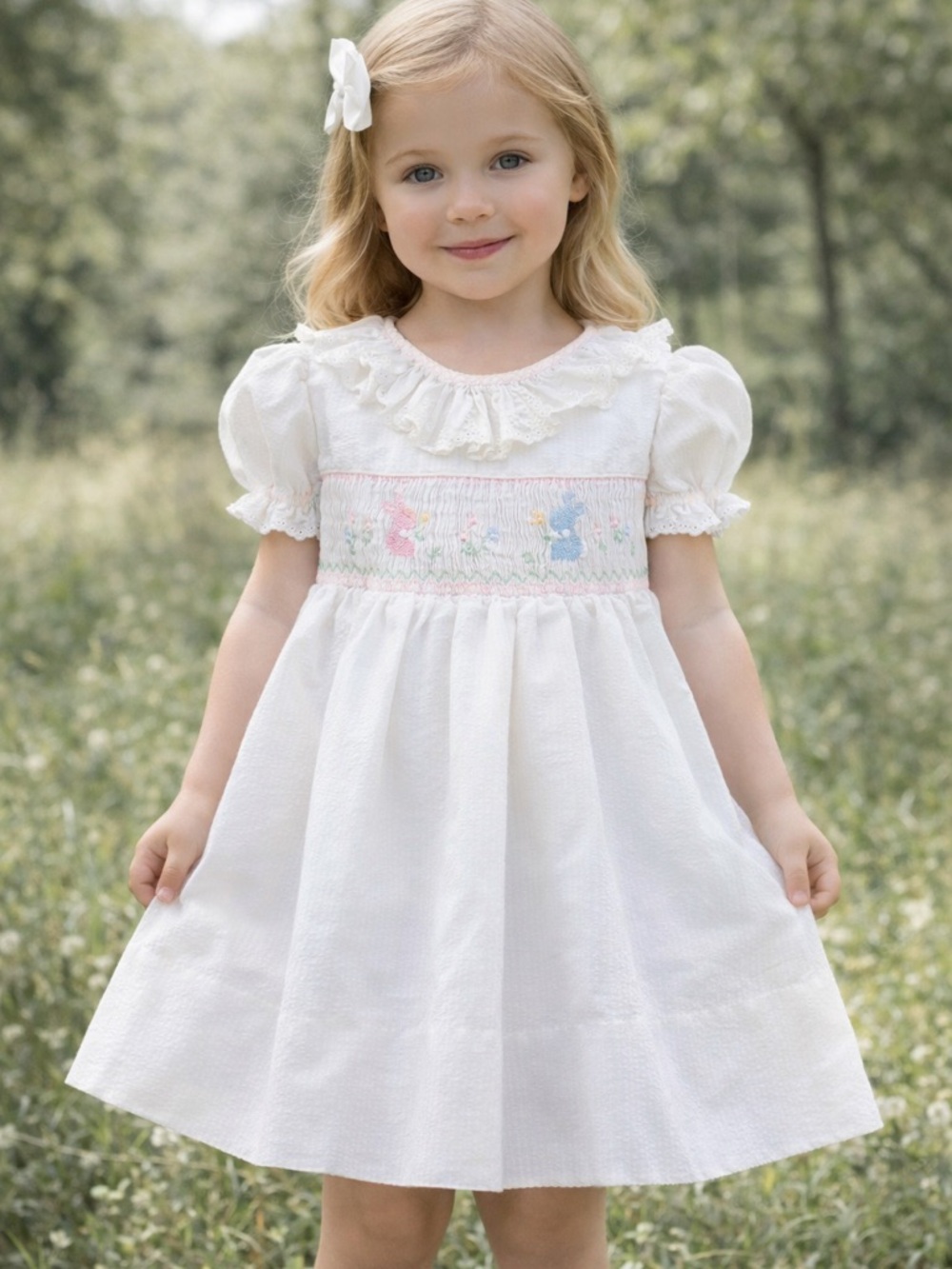 Vintage House of Hatten Girls 4T Smocked Bunny Dress White Puff Sleeves Heirloom